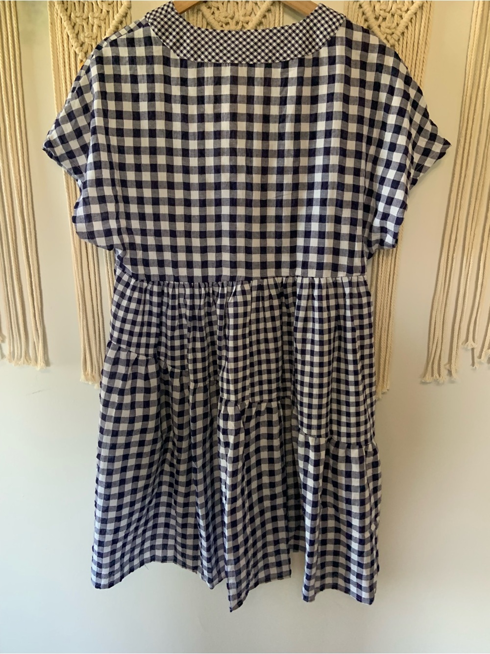 ANTHROPOLOGIE Gingham V Neck Swing Dress Blue White Size Medium - Picture 3 of 13